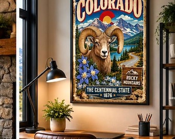 Affiche vintage du mouflon d'Amérique du Colorado, montagnes Rocheuses, État du Centenaire (Téléchargement numérique)