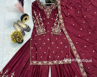 Costume Sharara en crêpe de soie brodé : tenue de mariage pakistanaise