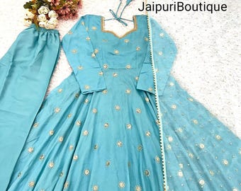 Embroidered Blue Silk Anarkali Gown with Dupatta: Indian Wedding Partywear