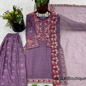 Conjunto Sharara confeccionado en seda Chinnon de diseñador pakistaní, totalmente bordado en secuencia, traje de boda cosido, Sharara Palazzo, Salwar Kameez