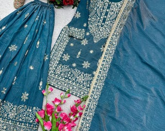 Hermoso diseñador de seda bordado con trabajo de secuencia Salwar Kameez con Dupatta, traje pakistaní, ropa de fiesta sharara, conjunto de traje de boda