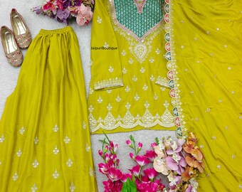Salwar Kameez de seda suave bordada con secuencias de diseñador pakistaní con dupatta, traje sharara pakistaní, ropa de fiesta, trajes de boda