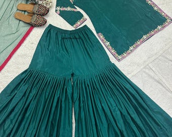 Natural Crep With Heavy Embroidery Work Sharara Set, Embroidered Eid Wear Kurti & Dupatta, Indian Wedding Outfit, Party Wear Sharara Suit