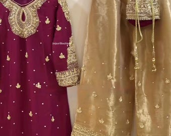 Traje Palazzo Salwar pakistaní de georgette rojo de diseñador, vestido de novia bordado confeccionado, conjunto de kurta sharara para fiesta, conjunto de kurta único