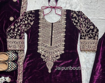 Purple Velvet Salwar Kameez, Embroidered Pakistani Palazzo Suit Set