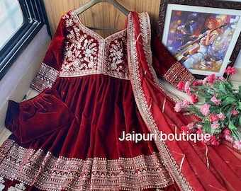 Embroidered Velvet Anarkali Kurta Pant Dupatta Set: Indian Festive Wear