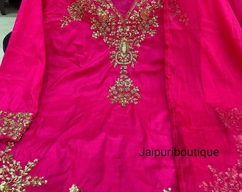Pink Embroidered Pakistani Suit: Mul Chanderi Shalwar Kameez, Kurta sharara set