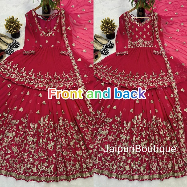 May include: A vibrant red dress with intricate gold embroidery, featuring a V-neckline and long sleeves. The dress has a layered skirt and is paired with a matching sheer scarf. The text "Front and back" is visible.