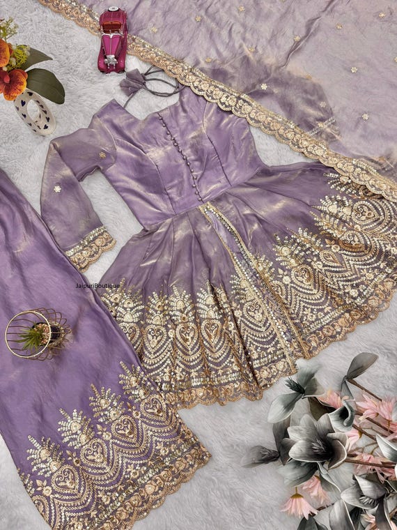 Purple Satin Silk Sharara Set, Mirror Work Kurti, Embroidered Dupatta