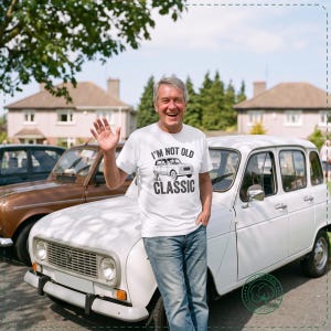 May include: A white short-sleeve t-shirt featuring a black graphic of a vintage car with the text "I'M NOT OLD I'M A CLASSIC" printed in bold black lettering on the front. The shirt has a crew neckline and a standard fit design.
