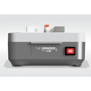 May include: A gray and white electric grinder with the text "THE GRINDER 3" and "TECHNIGLASS". The grinder has a red power button and a white top section. The base is gray, and the overall design is modern and functional.