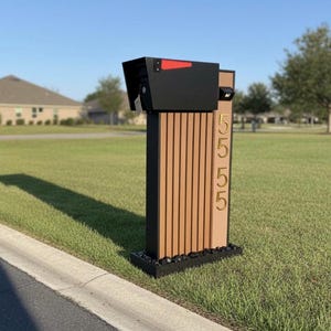 May include: A modern mailbox with a black top and a red flag. The wooden post has vertical slats and the address "555" in gold. The mailbox is set on a bed of black stones and is surrounded by green grass.