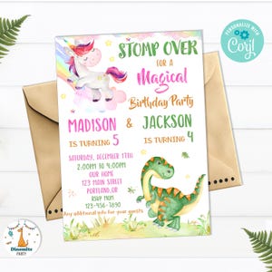Unicorn and Dinosaur birthday invitation Dino and unicorn invitation Boy girl joint birthday invite for twins siblings Magical party bash