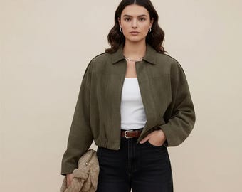 Women’s Vintage Bomber Jacket | Turn-Down Collar Loose Fit Coat | Casual Long Sleeve Outerwear | Chic Fashion Streetwear Top
