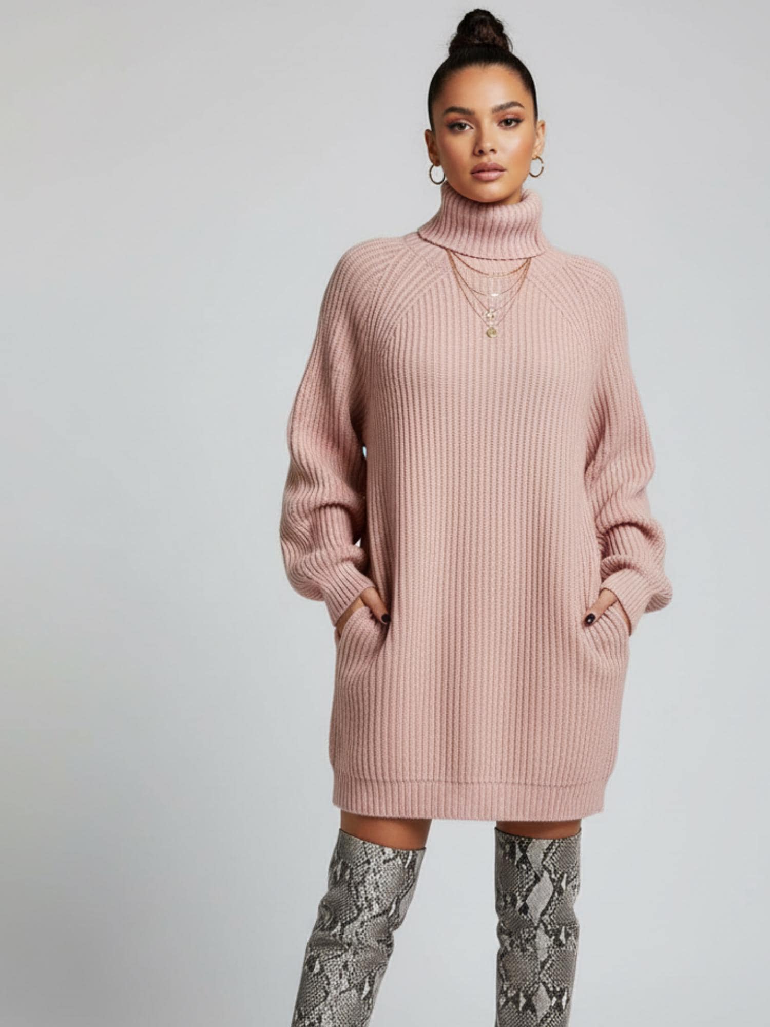 Buttoned Turtleneck Long Sleeve Sweater Dress main image 1