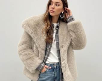 Women’s Faux Fur Coat | Thick Warm Winter Jacket | Turn-Down Collar Loose Fit Fur Outerwear