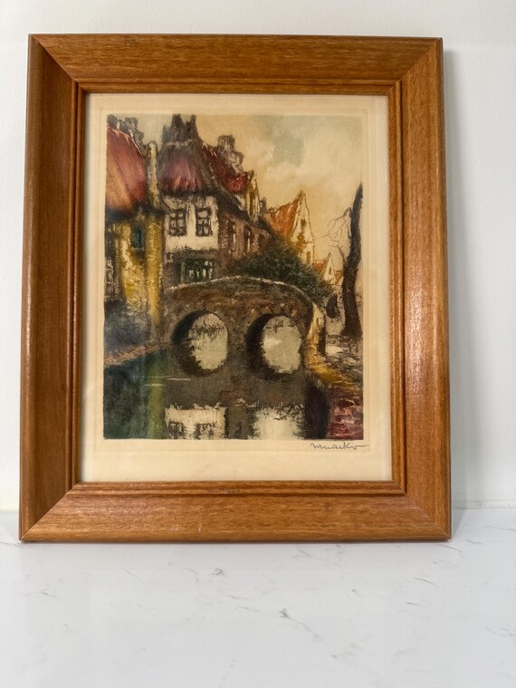 橋の風景 サイン入り 絵画｜油彩画 漁船と橋の風景 サインあり