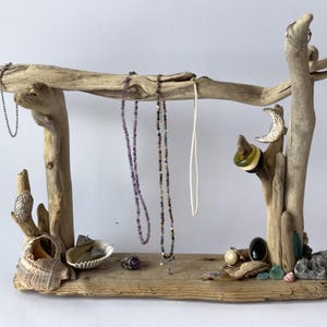 Driftwood Jewelry Display with Sea Glass & Shells – Handmade One-of-a-Kind Coastal Decor