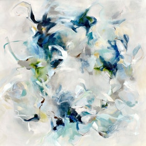 May include: Abstract painting with swirling blue, green, and white brushstrokes on a white background.