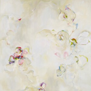 May include: Abstract painting with a soft, muted color palette. The painting features delicate, flowing brushstrokes that create a sense of movement and ethereal beauty. The colors are primarily white, cream, and pale pink, with hints of blue and green.