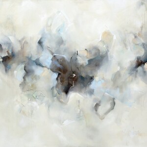 May include: Abstract painting with a soft, muted color palette. The painting features a series of overlapping shapes in shades of gray, blue, and white, creating a sense of depth and movement. The background is a light, airy white.