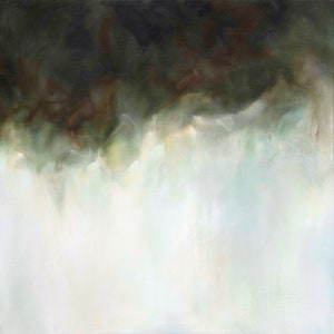 May include: Abstract oil painting with a soft, blurred effect. The artwork features a gradient of colors, transitioning from dark greens and browns at the top to a bright, white base. The brushstrokes create a sense of depth and movement.