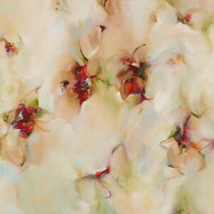 May include: Abstract painting with a soft, dreamy feel. The painting features a light background with delicate, blurred floral shapes in shades of white, beige, and green. Hints of red and brown add depth and dimension to the composition.