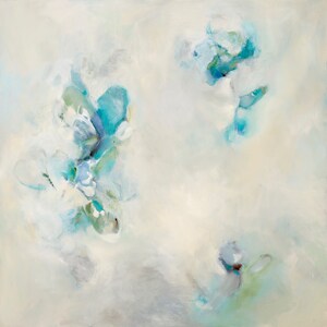 May include: Abstract painting with a white background and blue and green floral shapes.
