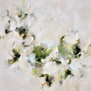 May include: Abstract painting with white and green hues. The painting features a swirling, organic design with soft, blended colors. The background is a light beige.