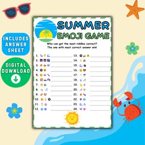 Printable Summer Emoji Pictionary, Party Games, Emoji Trivia, Summer Activities for Adults and Kids, Emoji Quiz, Pool Party Family Games