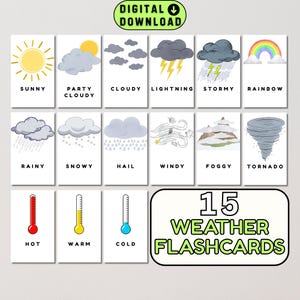 15 Weather Cards, Printable Montessori Flashcards, Toddler Activities, Preschool Cards, Learn Weather, Educational Cards, Instant Download