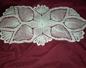 Glamorous Handmade Lace Doily in Mint Green, Pineapple Design, Lace Tablecloth, 14x29 inches