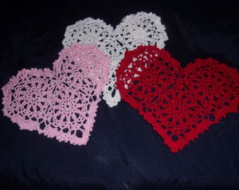 Lace Valentine Hearts,Set of White Red Pink. Handmade Lace, 6 Inches Each