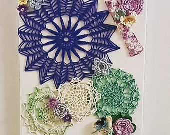 Wall Decor, Crocheted Lace on Canvas. 11x17