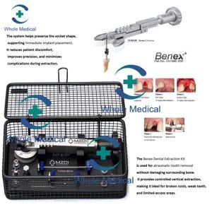 May include: A medical device kit, the Benex Dental Extraction Kit, is displayed. The kit includes an extractor tool, a wire basket, and diagrams. The text on the image says the kit is used for atraumatic tooth removal and provides controlled vertical extraction.