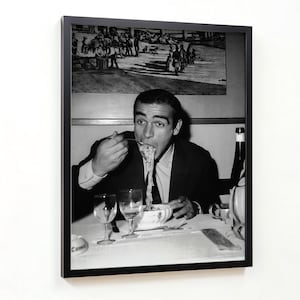 James Bond Eating Spaghetti Poster, Black and White Vintage Print, Kitchen Wall Art, Pasta Print, Dining Room Decor, Antique Photo, Wall Art