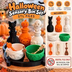 May include: A digital Halloween sensory bin set featuring 3D printable STL files. Includes bottles with cat, pumpkin, and ghost toppers, bowls with mummy and monster designs, and spoons shaped like pumpkins, skeletons, and brooms for 3D printing.