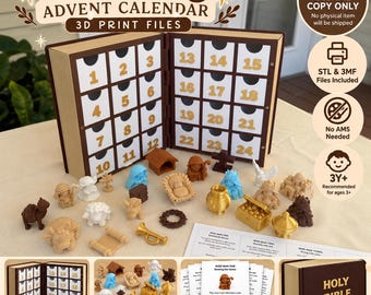 May include: A 3D printable Nativity advent calendar book design with 24 numbered drawers, accompanied by various miniature figures including a manger, animals, and wise men, plus 24 printed cards with verses and meanings.