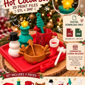 以下が含まれることがあります： クリスマスホットココアセットの3Dプリント用デジタルダウンロードファイル。赤いトレイ、光る星が付いた緑のボトル、赤いマグカップ、ジンジャーブレッドのステアラーが付いた茶色のボウル、雪だるま、赤い靴下、2本のステアラーが含まれています。