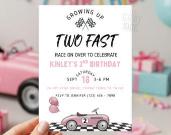 Two Fast Birthday Invitation 2nd Birthday Invite Pink Girls Birthday Invite Growing Up Two Fast Invite Vintage Car Invitation Canva Template