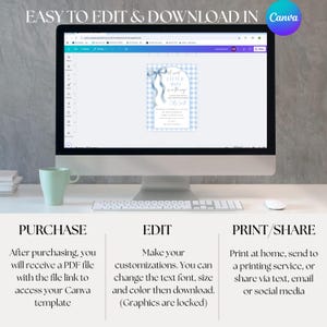 May include: A computer screen shows a baby shower invitation template with a blue gingham design and the text "A sweet little boy is on the way!". Instructions for editing and Canva branding are also visible.