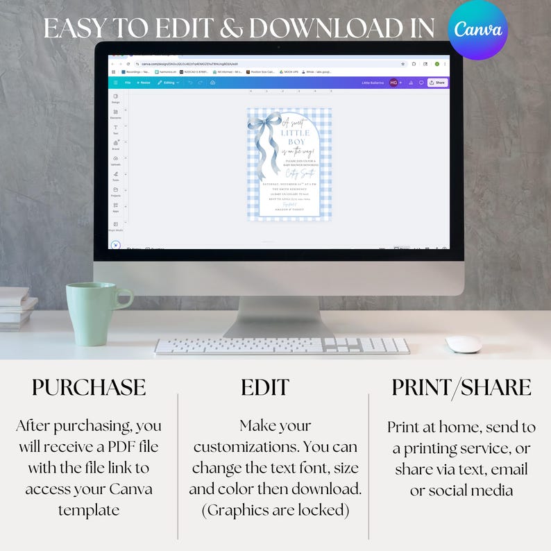 May include: A computer screen shows a baby shower invitation template with a blue gingham design and the text "A sweet little boy is on the way!". Instructions for editing and Canva branding are also visible.
