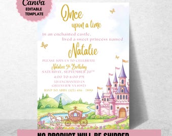 Prinzessin Geburtstags-Einladung Prinzessin Schloss Party einladen Bearbeitbare Prinzessin Einladung Mädchen Märchen-Mädchen-Prinzessin Geburtstagsparty einladen