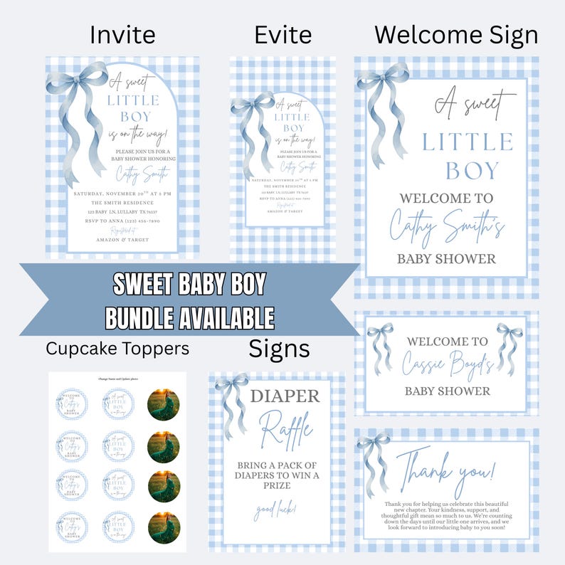 Sweet Little Boy Baby Shower Invitation Boy Baby Shower Invite Blue Gingham Baby Shower Invitation Baby On The Way Baby Shower Invite image 10