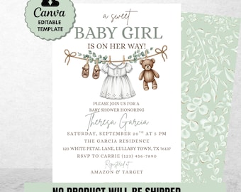 May include: Baby shower invitation with the text "a sweet BABY GIRL IS ON HER WAY!" and details for Theresa Garcia's shower. The design includes a clothesline with baby items and a teddy bear. The invitation is a Canva editable template.