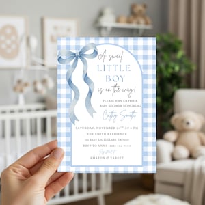 Sweet Little Boy Baby Shower Invitation Boy Baby Shower Invite Blue Gingham Baby Shower Invitation Baby On The Way Baby Shower Invite
