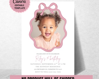 Personalized Birthday Invite Photo Birthday Invitation Custom Picture Invite Template Personalized Invitation for Girls Pink Bow Invitation