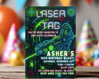 Neon Laser Tag Invite Editable Laser Tag Birthday Invitation  Glow Laser Tag Party Blue Green Boy Invite Girl Invite Arcade Birthday Invite