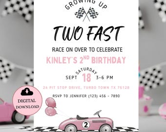 Two Fast Birthday Invitation Race Car 2nd Birthday Party Invite Editable Template Pink Car Birthday Girl Printable Instant Download