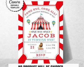 Op de afbeelding: Een verjaardagsuitnodiging met een circusthema, met een rood-wit gestreepte rand. De uitnodiging bevat de tekst "Come One, Come All!" en "Jacob is Turning One!" met evenementdetails en RSVP-informatie. Het ontwerp toont een circustent en ballonnen.